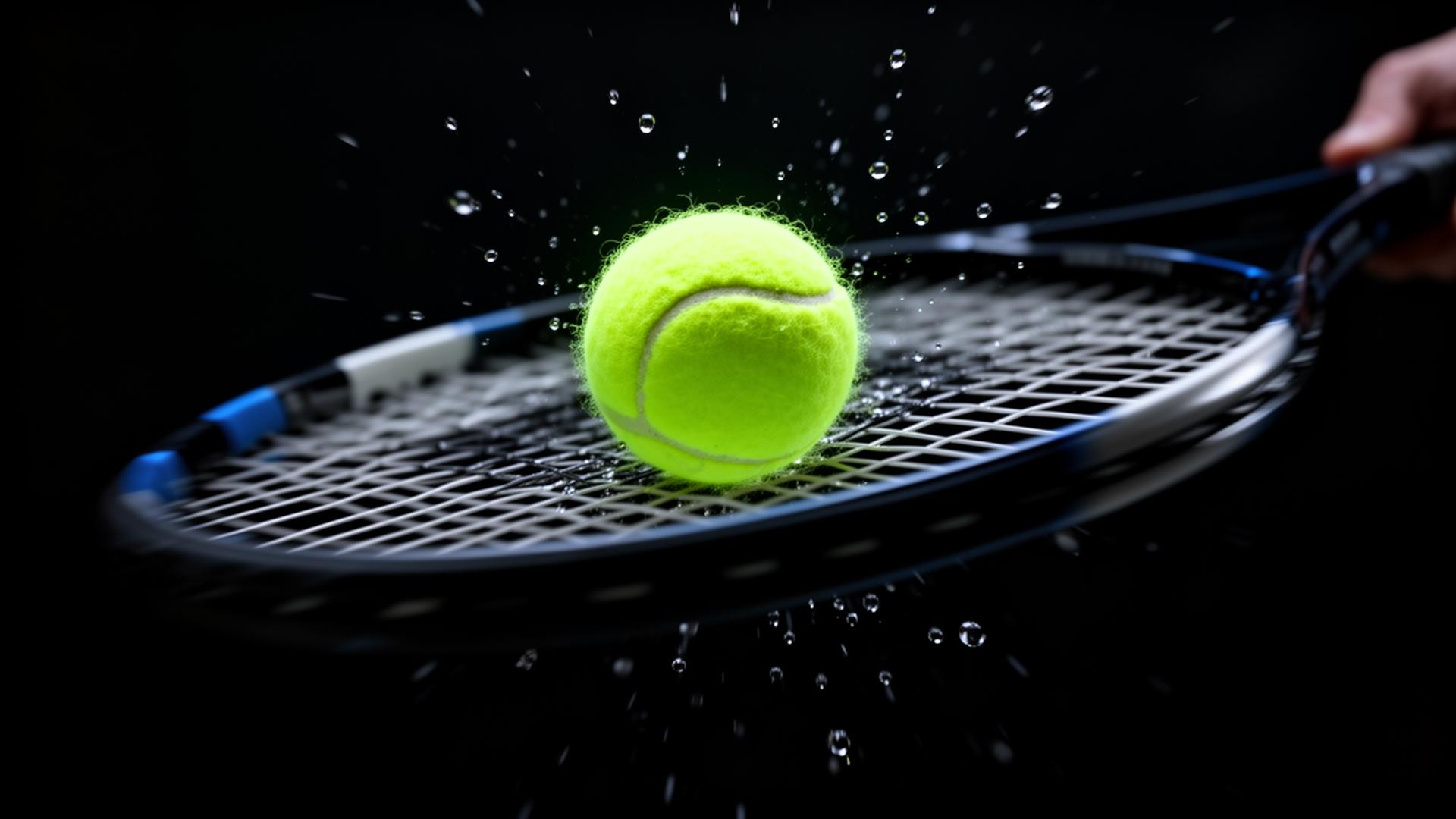 Tennis ball hitting racket strings with motion